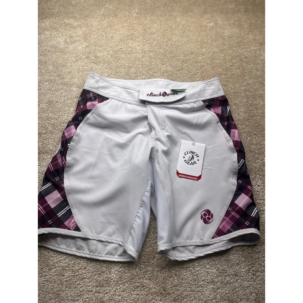 Clinch Gear Womens Signature Performance Training Shorts White Purple Plaid Sz 6